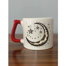 Sarı Ay Temalı Kırmızı Kulplu Kupa Bardak - Seramik Çay, Kahve Hediyelik Bardağı