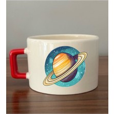 Satürn Baskılı Kırmızı Kulplu Fincan Seramik Kupa - Seramik Çay, Kahve Hediyelik Bardağı