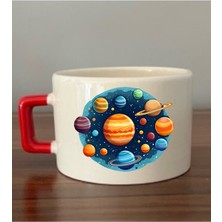 Gezegen Baskılı Kırmızı Kulplu Fincan Seramik Kupa - Seramik Çay, Kahve Hediyelik Bardağı