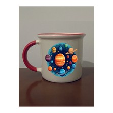 Gezegenler Iç Içe Baskılı Kırmızı Ağızlı Kupa Bardak - Seramik Çay, Kahve Hediyelik Bardağı