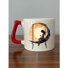 Ayda Sallanan Kadın Görselli Kırmızı Kulplu Kupa Bardak - Seramik Çay, Kahve Hediyelik Bardağı