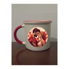 Aşk Görselli Kırmızı Ağızlı Kupa Bardak - Seramik Çay, Kahve Hediyelik Bardağı