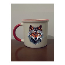 Modern Kurt Baskılı Kırmızı Ağızlı Kupa Bardak - Seramik Çay, Kahve Hediyelik Bardağı