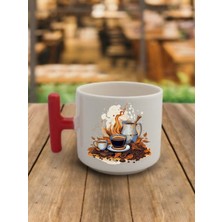 Kahve Çekirdeği Baskılı Kırmızı Kulplu Kahve Bardağı Seramik Kupa