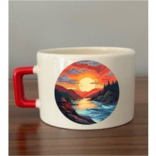 Güneşin Doğuşu Baskılı Kırmızı Kulplu Fincan Seramik Kupa - Seramik Çay, Kahve Hediyelik Bardağı