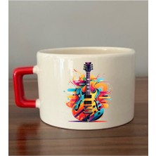 Gitar Baskılı Kırmızı Kulplu Fincan Seramik Kupa - Seramik Çay, Kahve Hediyelik Bardağı