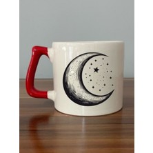 Ay ve Yıldız Baskı Görselli Kırmızı Kulplu Kupa Bardak - Seramik Çay, Kahve Hediyelik Bardağı