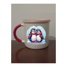 Penguen Baskılı Kırmızı Ağızlı Kupa Bardak - Seramik Çay, Kahve Hediyelik Bardağı