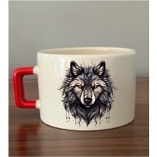 Siyah Kurt Baskılı Kırmızı Kulplu Fincan Seramik Kupa - Seramik Çay, Kahve Hediyelik Bardağı