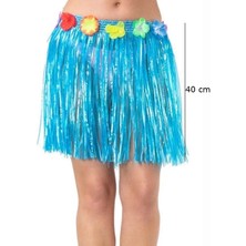 Yetişkin ve Çocuk Uyumlu Mavi Renk Püsküllü Hawaii Luau Hula Etek 40 cm - Lisinya