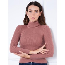 Kadın Günlük Balıkçı Yaka Boğazlı Pembe Fitilli Kazak