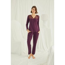 Monamise Yakası Omzu ve Paçası Dantelli Boydan Düğmeli Pijama Takımı
