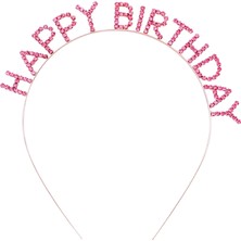 Pembe Renk Kristal Taşlı Gold Renk Kaplama Happy Birthday Taç 16X17 cm - Lisinya