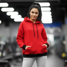 Woody Cord Kadın Oversize Sweatshirt / Kırmızı Siyah / Düz / Siyah Ip