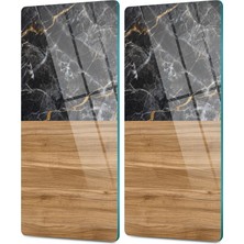 Decovetro Cam Kahve Sofra Sunum Tablası 2'li Set Ahşap Mermer Desenli 30 x 15 cm