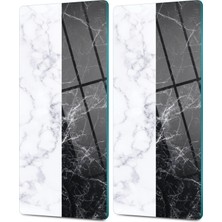 Decovetro Cam Kahve Sofra Sunum Tablası 2'li Set Siyah Beyaz Mermer Desenli 30 x 15 cm