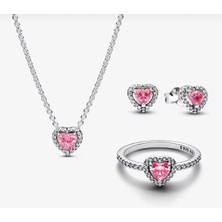 Gümüş Pembe Kalp Taşlı Kolye,küpe,yüzük Seti