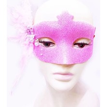 Sim Işlemeli Inci Boncuk Detaylı Tüylü Balo Maskesi Pembe Renk 13X18 cm - Lisinya