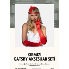 Zurafa Shop 1920'ler Kırmızı Gatsby Aksesuar Seti Kırmızı Charleston Saç Bandı, Saten Eldiven ve Siyah Sigaralık