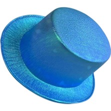 Mavi Renk Işıltılı Hologram Kumaş Kaplama Fötr Silindir Şapka Yetişkin Boy - Lisinya