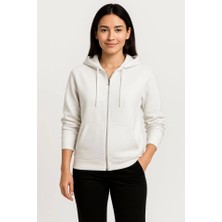 Üç Iplik Kapüşonlu Tam Fermuarlı Kanguru Çepli Sweatshirt Hoodie - Beyaz