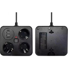 Akım Korumalı Anahtarlı Priz - 3x Priz - 2x USB - 2x Type-C - 2 mt Kablo Hızlı Şarj Özellikli Siyah
