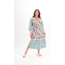 Kadın Kruvaze Yaka Rahat Kesim Truvakar Kol Desenli Viskon Günlük Midi Büyük Beden Elbise Gecelik