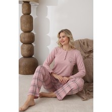 Lindros Kadın Pamuk'lu Düğme Yaka Raporlu Interlok Kışlık Pijama Takımı 0108 - 1 Adet