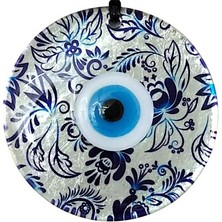 Nazar Boncuklu Yaprak Desenli Gümüş Rengi Füzyon Cam El Yapımı 12 cm Duvar Süsü Nazarlık Hediyelik Eşya