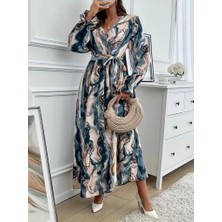 Defy Moda Kadın Uzun Kollu Kruvaze Yakalı Beli Kuşaklı Desenli Süprem Maxi Elbise