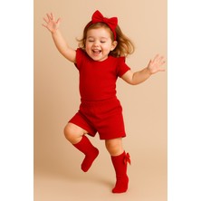 Özge Başaran Kırmızı Şort & Tişört, Fiyonklu Kırmızı Çorap Fitilli Kumaş Kız Çocuk ve Bebek 3'lü Giyim Seti