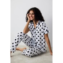 Penti Pamuklu Black Dotted Gömlek Pantolon Beyaz Pijama Takımı