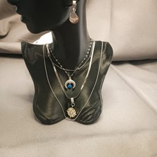 Kutup Yıldızlı Uçlu&maviboncuk Uçlu&top Boncuk Zincir&ince Zincir Kolye&pul Küpe