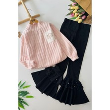 Miniğimin Cicileri Yumoş Cep Yaprak Örgü Detaylı Kız Çocuk Ispanyol takım - Pembe