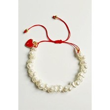 Petek Kırmızı Kalp Halhal Bileklik Barok İnci Detaylı Boncuk Materyal Kadın Aksesuarı