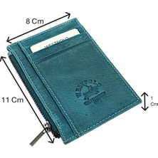 Westpolo Ivo Fermuarlı Bozuk Para Bölmeli Unisex Hakiki Crazy Eskitme Deri Kartlık - Turkuaz Mavi