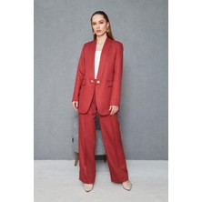 Kare Düğmeli Yünefekt Takım Kırmızı