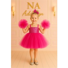 Fuşya Pul Payetli Tütü Elbise – Ponpon Kollu Özel Tasarım Dans & Parti Modeli