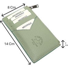Westpolo Hakiki Deri Fermuarlı Unisex Kartlık - Mint Yeşili