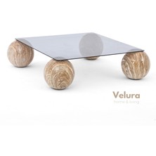 Velura Home & Living Modern Orta Sehpa & Küre Sehpa & Top Sehpa & Füme Kare Cam & 4 Traverten Top