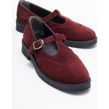 Janney Bordo Süet Hakiki Deri Bantlı Kadın Loafer Ayakkabı