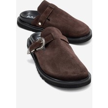 Vesta Kahverengi Süet Tokalı Hakiki Deri Kadın Burnu Kapalı Terlik