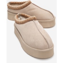 Avelıa Bej Süet Hakiki Deri Dikişli Kadın Kalın Tabanlı Kışlık Terlik