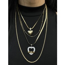 Çok Katmanlı Altın Renk Kalp Detaylı Zarif Kolye Seti