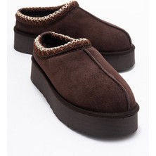 Avelıa Kahverengi Süet Hakiki Deri Dikişli Kadın Kalın Tabanlı Kışlık Terlik