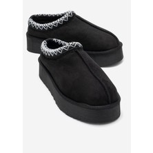 Avelıa Siyah Süet Hakiki Deri Dikişli Kadın Kalın Tabanlı Kışlık Terlik