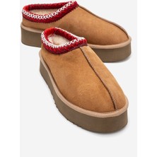 Avelıa Taba Süet Hakiki Deri Dikişli Kadın Kalın Tabanlı Kışlık Terlik