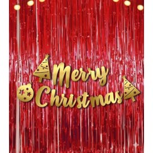 Yılbaşı Merry Christmas Kaligrafi Yazı Kırmızı Metalize Perde 2 Li Set