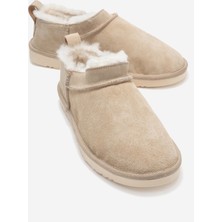 Novelle Bej Süet Hakiki Deri Kürklü Kadın Bilekte Bot