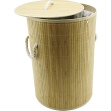 Yuvarlak Bambu Ahşap Kirli Çamaşır Sepeti 35X60CM Seyyar Kapaklı Içi Bezli Ip Kulplu (4887)